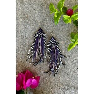 Tiny Purple, Black, and White Seed Bead Elegant Earrings
